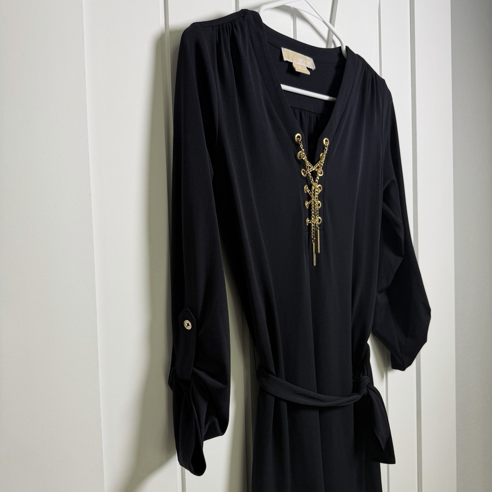 Michael Kors Black Dress Size Small Gold Chain Accent 3/4 Sleeves Elegant Chic - Picture 8 of 8